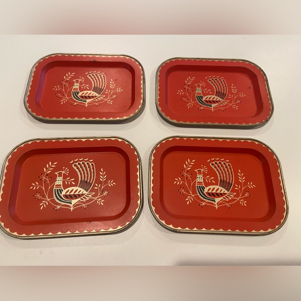 Set of 4 Vintage MCM Peacock Tin Tip Trays
